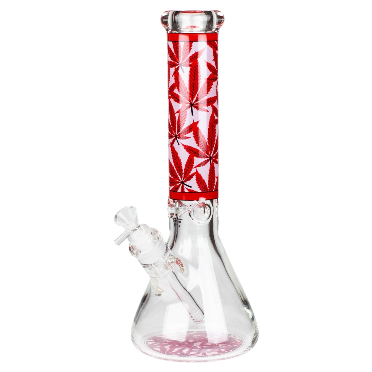 Glass smoking device with red and white design on a white background