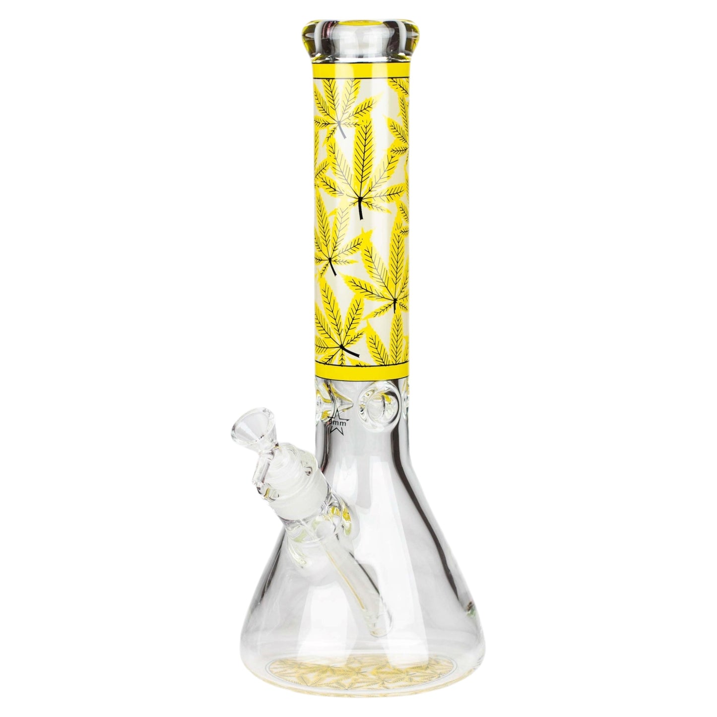 Glass smoking device with yellow chamber featuring cannabis leaf design on a white background