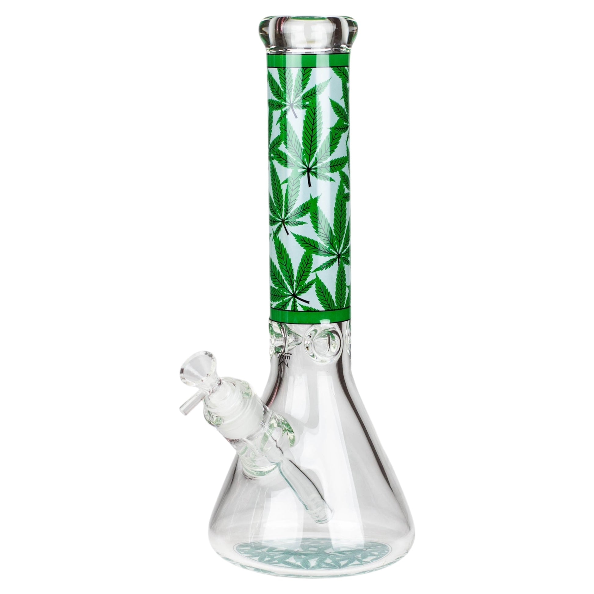 Glass smoking device with green cannabis leaf pattern on a white background