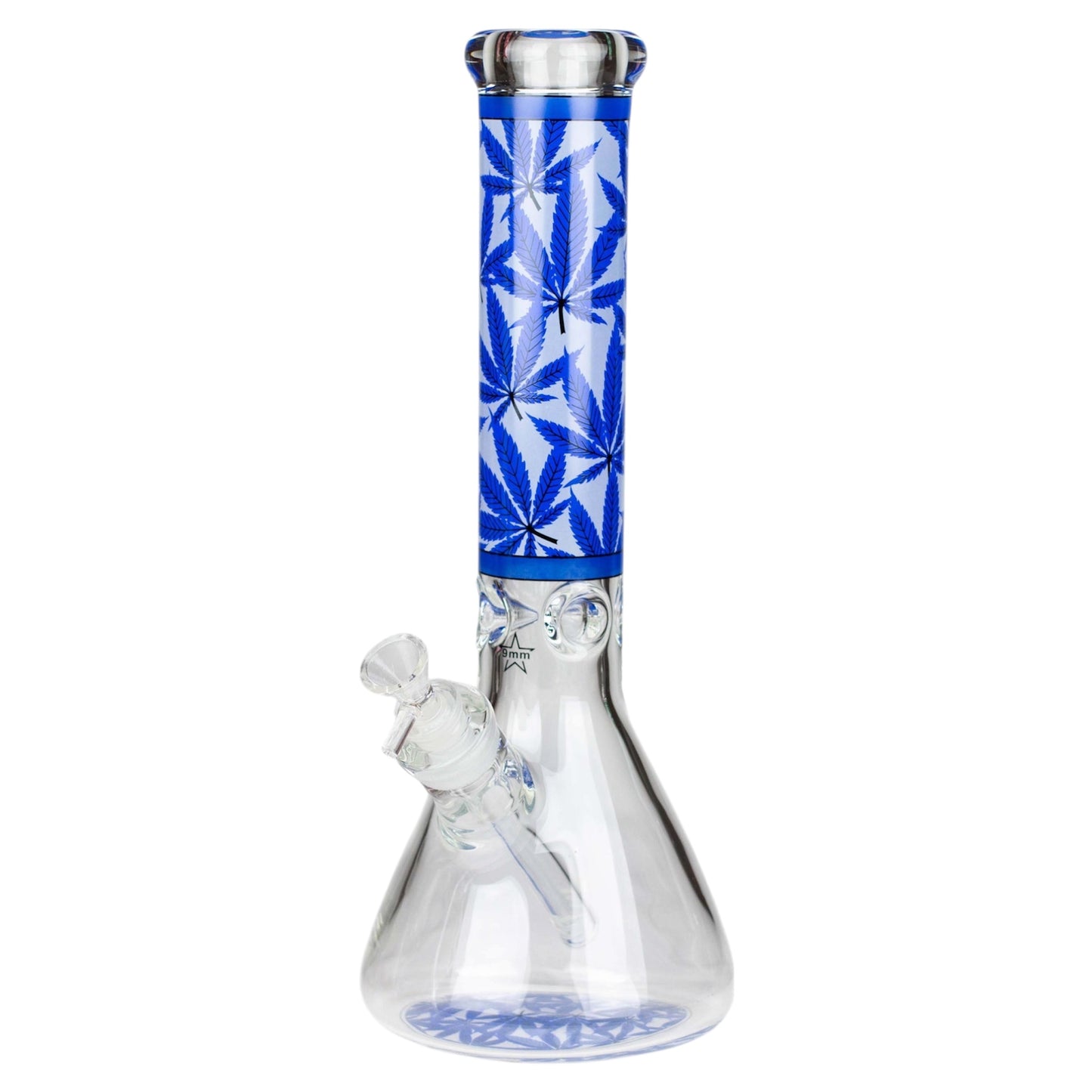 Clear glass water pipe with blue geometric pattern on a white background