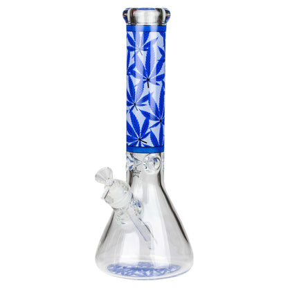 Clear glass water pipe with blue geometric pattern on a white background