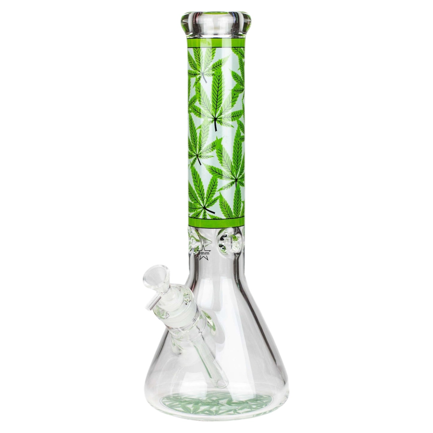 Glass water pipe with cannabis leaf design on a white background