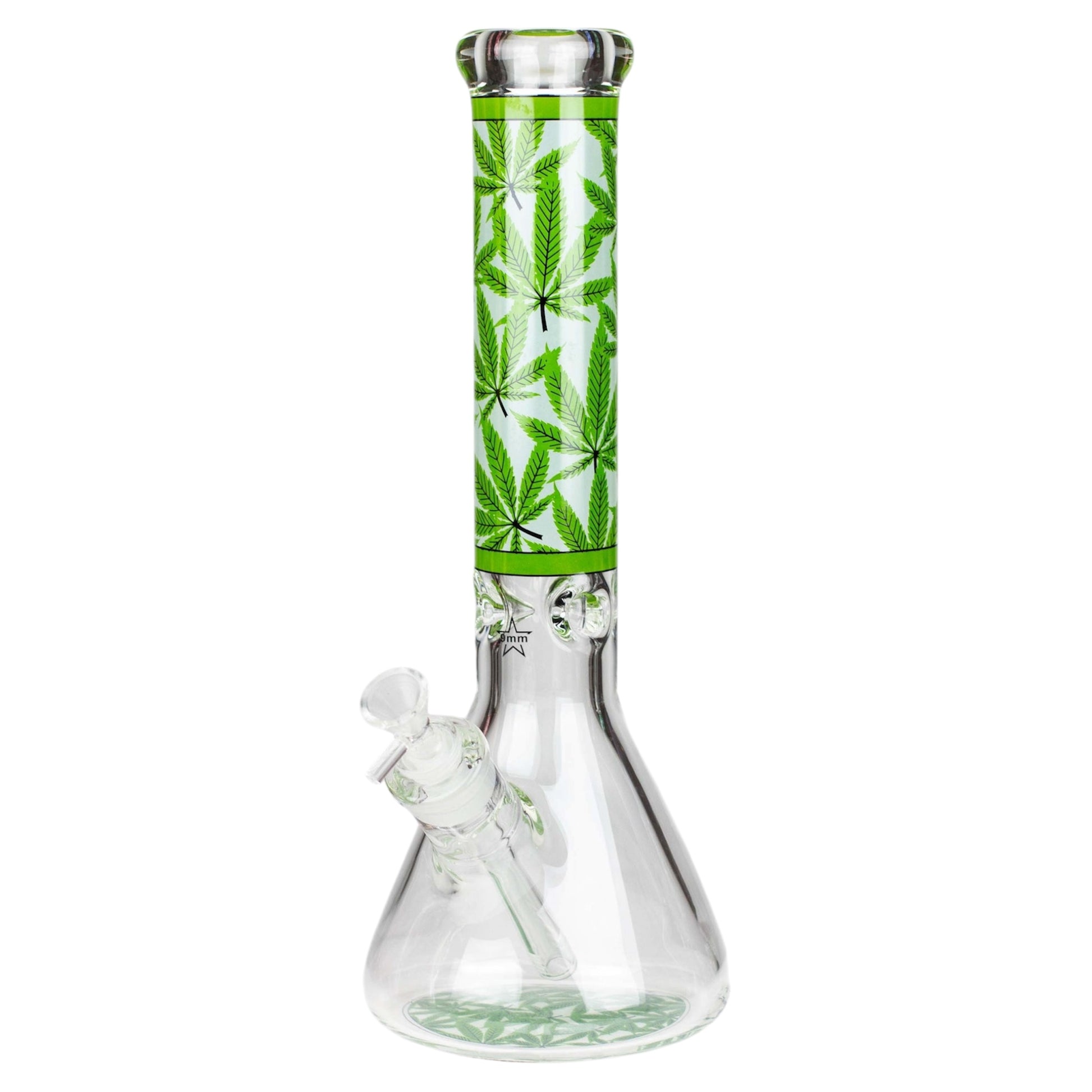 Glass water pipe with cannabis leaf design on a white background