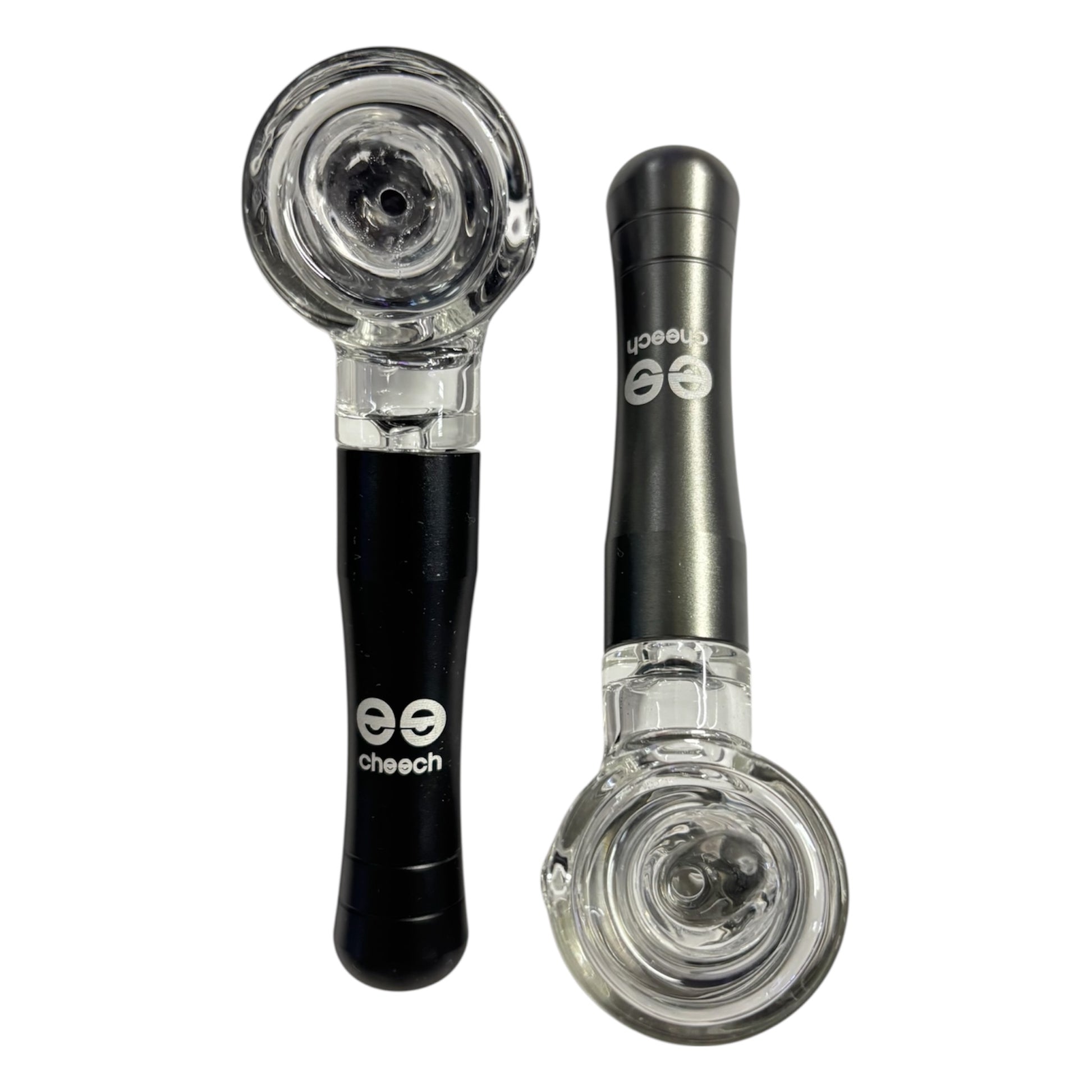 Two glass Cheech smoking pipes with black and clear glass bowls on a white background