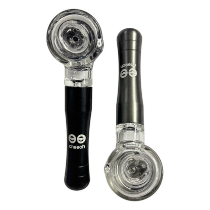 Two glass Cheech smoking pipes with black and clear glass bowls on a white background