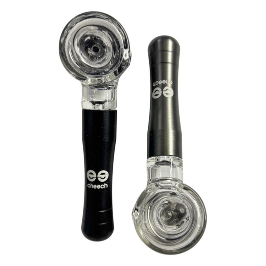 Two glass Cheech smoking pipes with black and clear glass bowls on a white background