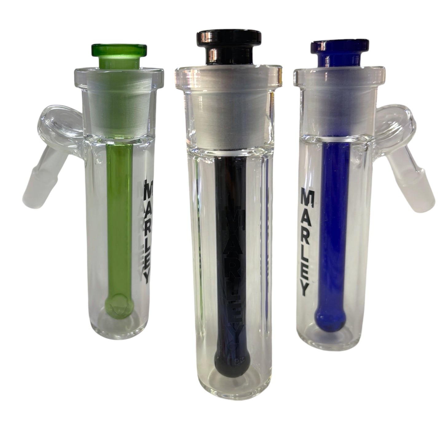 Three clear glass ash catchers with colored downstems and 'Marley' branding on a white background.