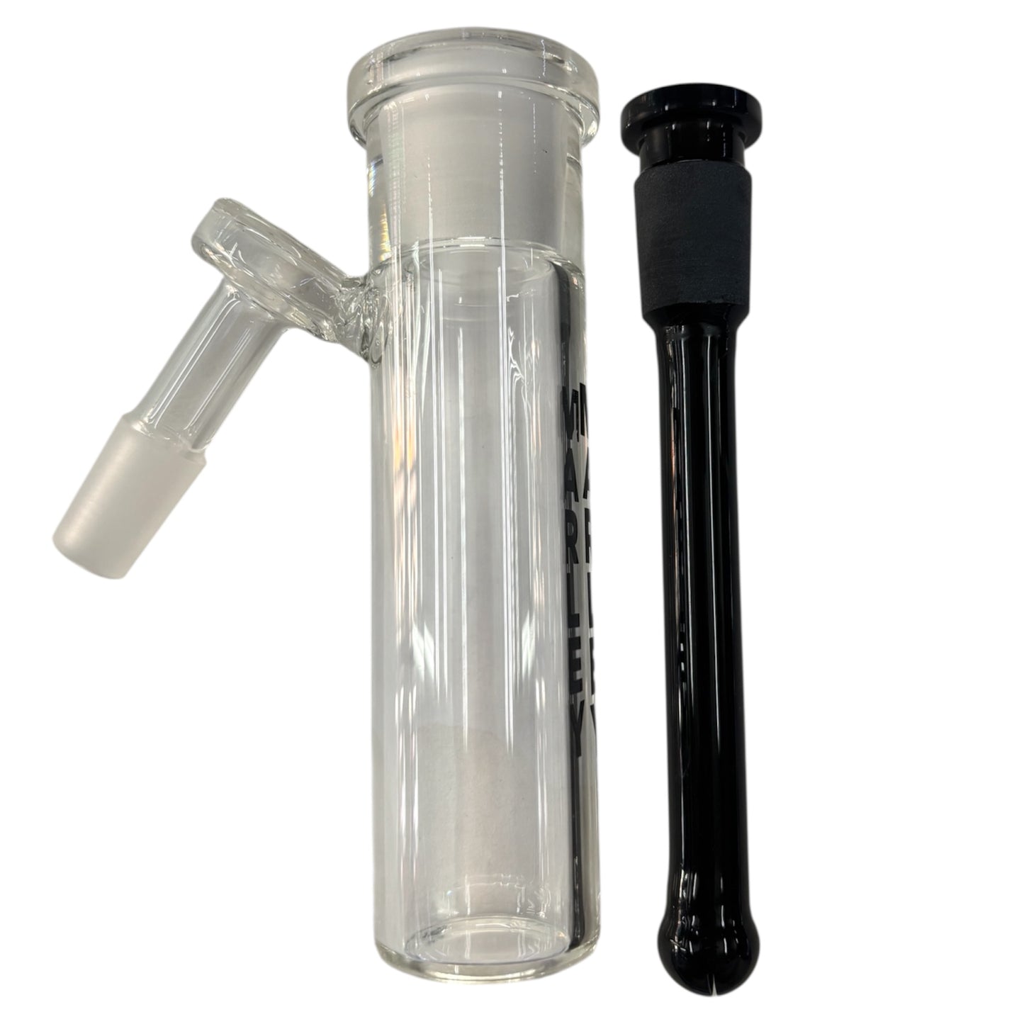 Clear glass Marley ash catcher with black diffused downstem on a white background