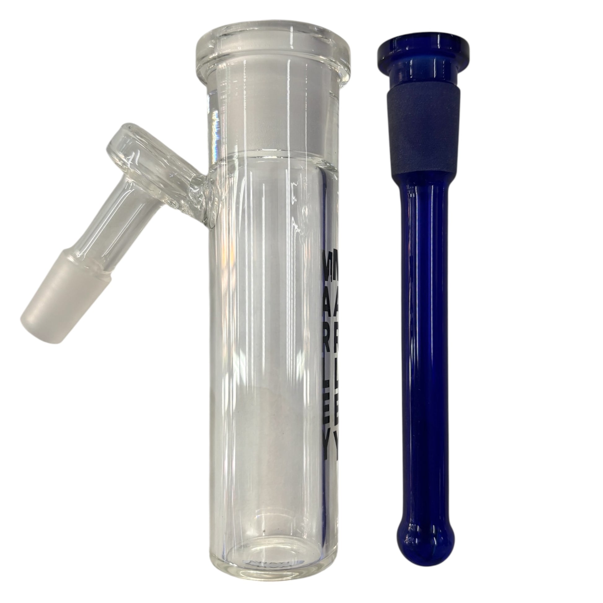 Clear glass Marley ash catcher with blue diffused downstem on a white background