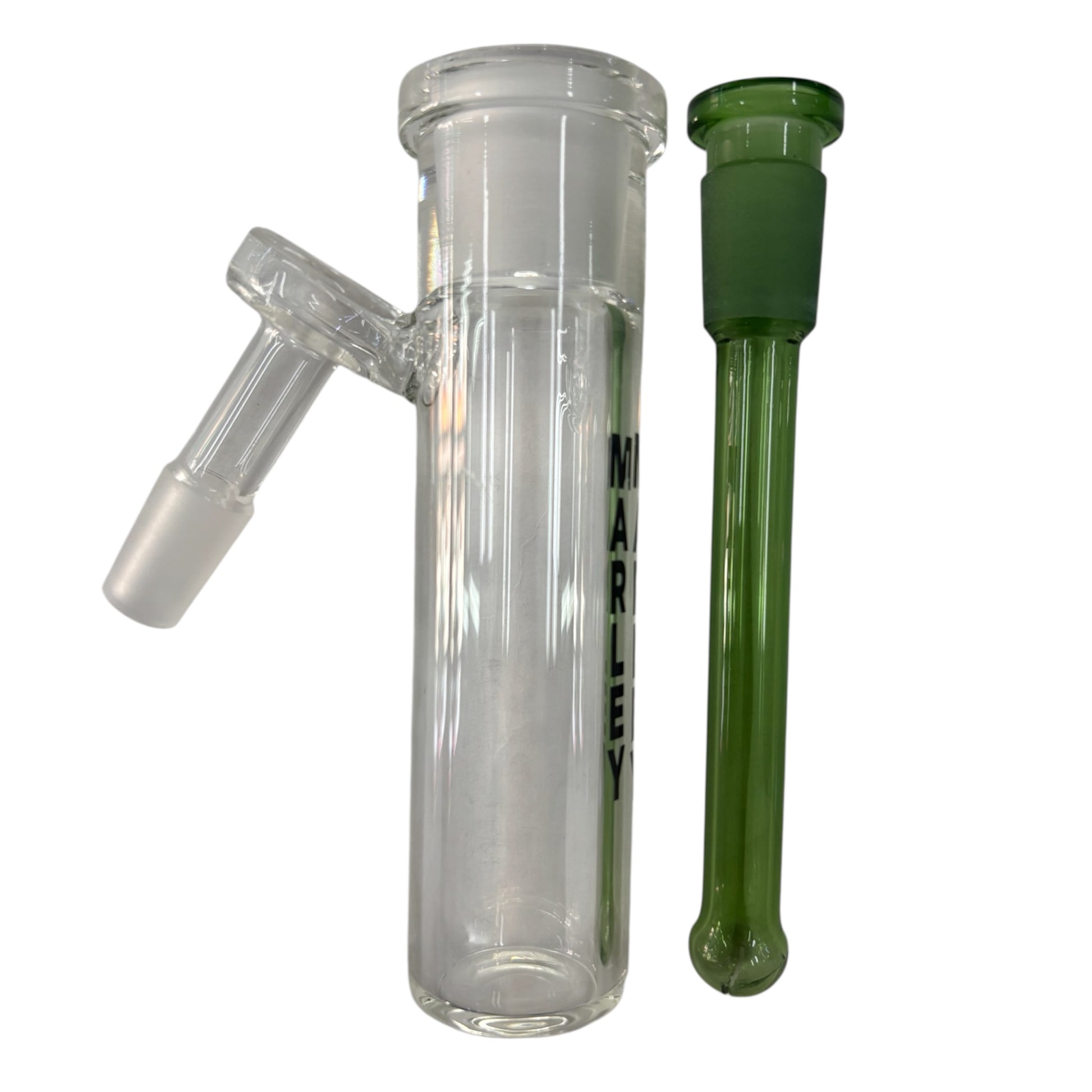 Clear glass Marley ash catcher with green diffused downstem on a white background
