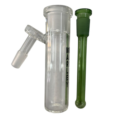 Clear glass Marley ash catcher with green diffused downstem on a white background