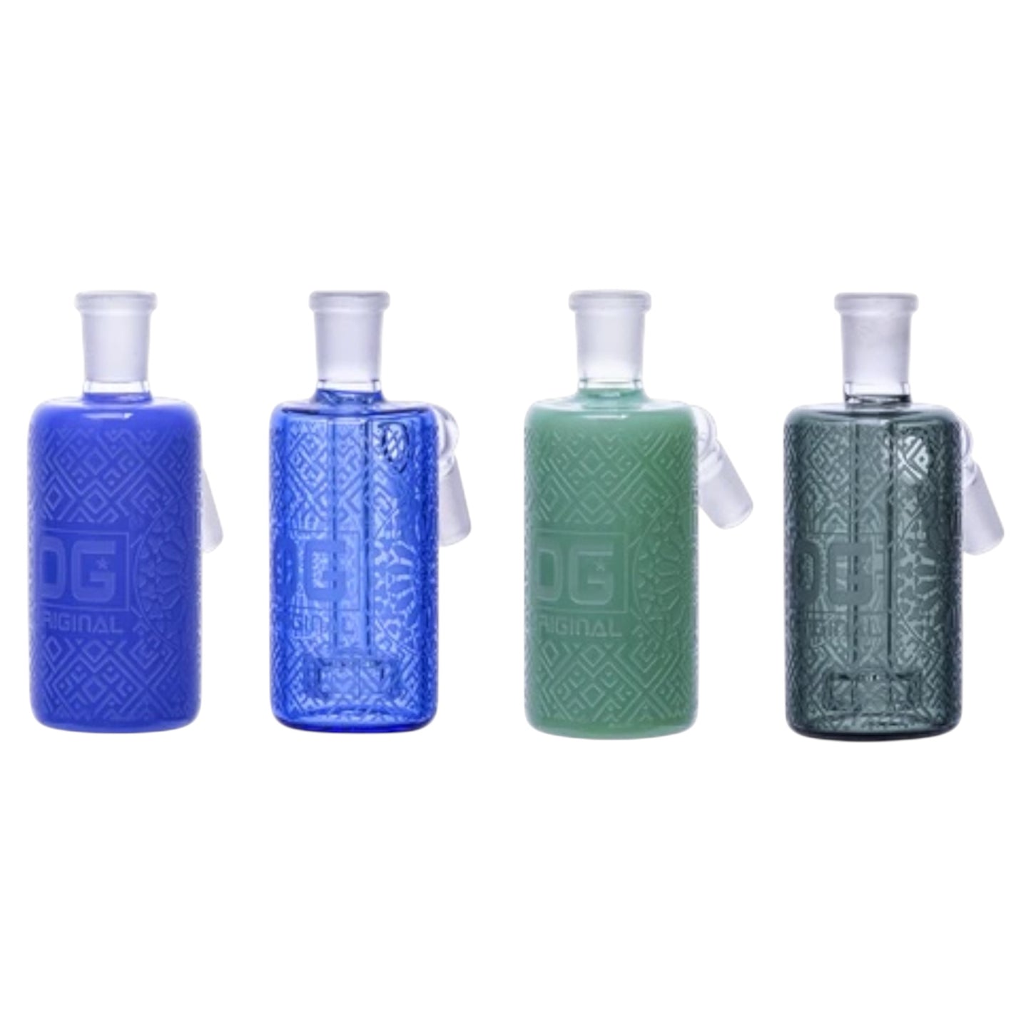 OG Original glass ash catchers in blue, green, and smoke grey finishes, featuring embossed design and 45-degree joint for bong or water pipe attachment.