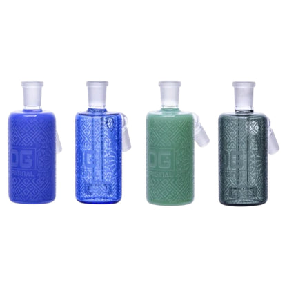 OG Original glass ash catchers in blue, green, and smoke grey finishes, featuring embossed design and 45-degree joint for bong or water pipe attachment.