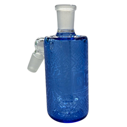 Transparent blue OG Original ash catcher made from borosilicate glass with detailed etched design and 45-degree joint for water pipe.