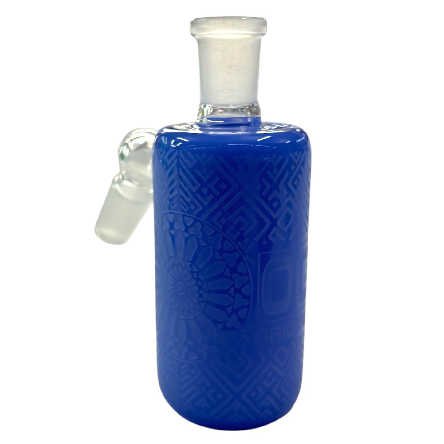 Solid light blue OG Original glass ash catcher with embossed detailing and frosted 45-degree joint for smoother bong hits.