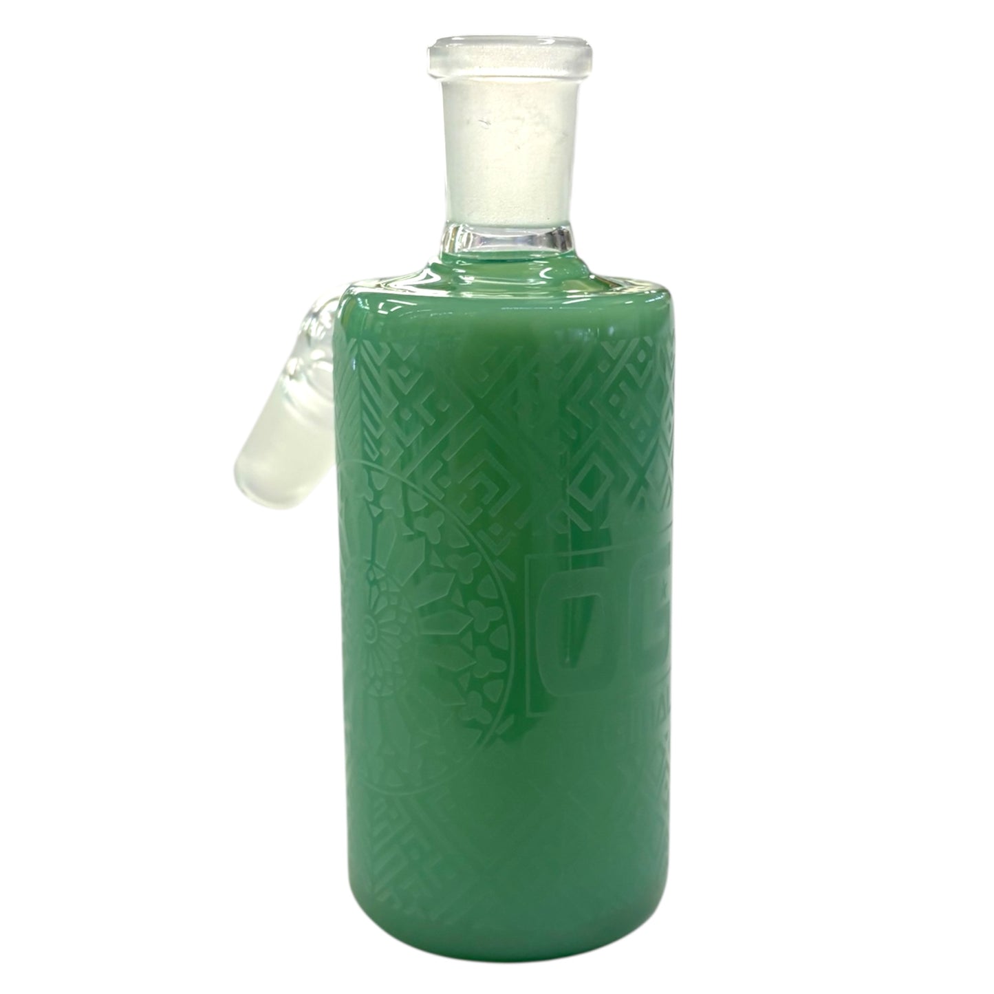 Opaque green OG Original ash catcher with decorative etched pattern and angled frosted joint for added water filtration on glass bong.