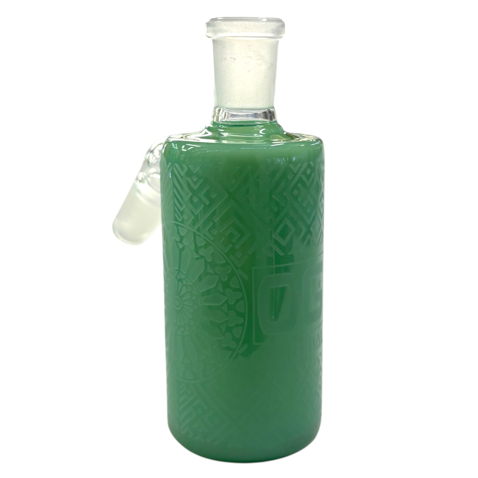 Opaque green OG Original ash catcher with decorative etched pattern and angled frosted joint for added water filtration on glass bong.
