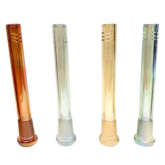 Four colour-shifting electroplated glass bong downstems in different finishes with 14mm joints and slotted tips.-The Wee Smoke Shop
