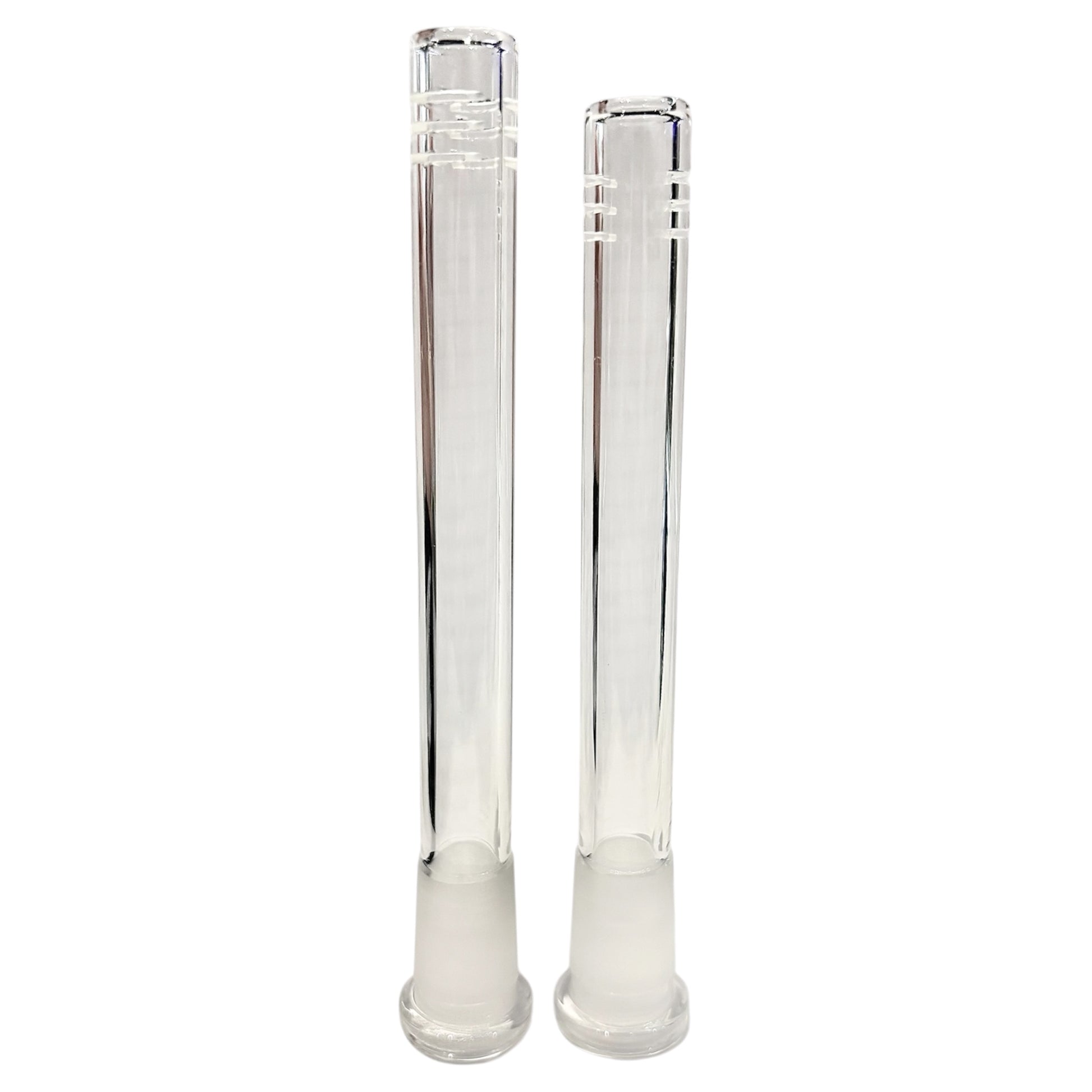 Two clear glass bong downstems with 14mm frosted joints and slotted tips, shown side by side in different lengths - The Wee Smoke Shop