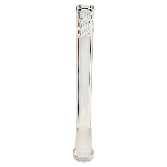 Clear 4–4.5 inch glass bong downstem with 14mm frosted joint and slotted tip for diffusion.