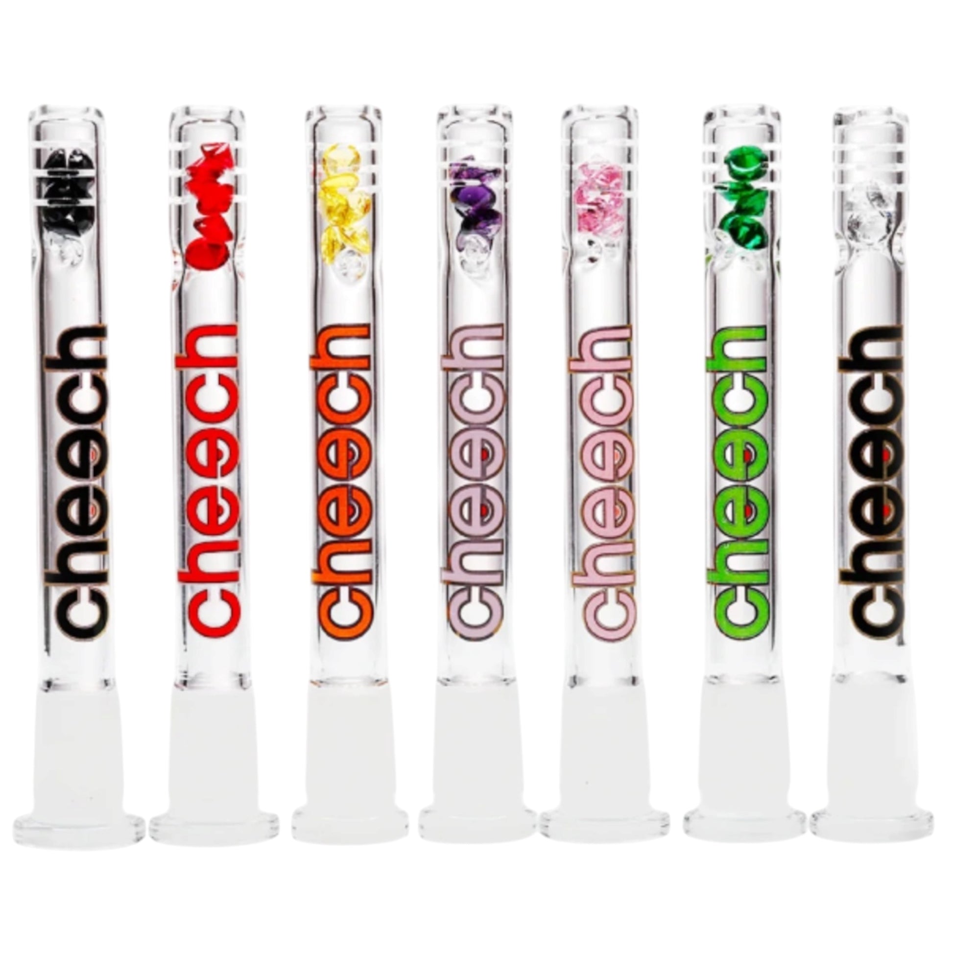 Multiple Cheech 14mm glass bong downstems with diamond-shaped glass beads in assorted colours including black, red, yellow, purple, pink, green, and clear. - The Wee Smoke Shop