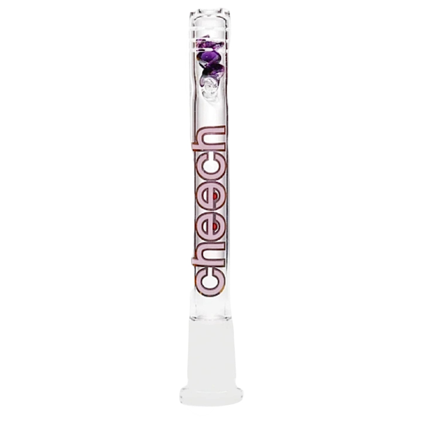 Cheech 14mm glass bong downstem with purple diamond-shaped glass beads and clear glass body. - The Wee Smoke Shop