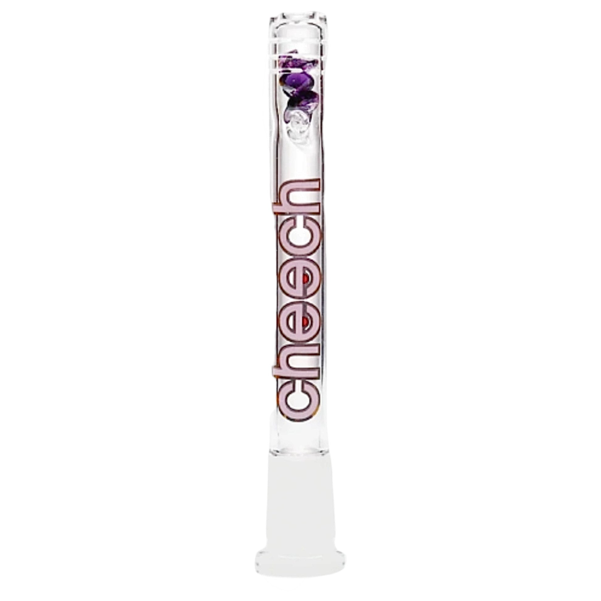 Cheech 14mm glass bong downstem with purple diamond-shaped glass beads and clear glass body. - The Wee Smoke Shop