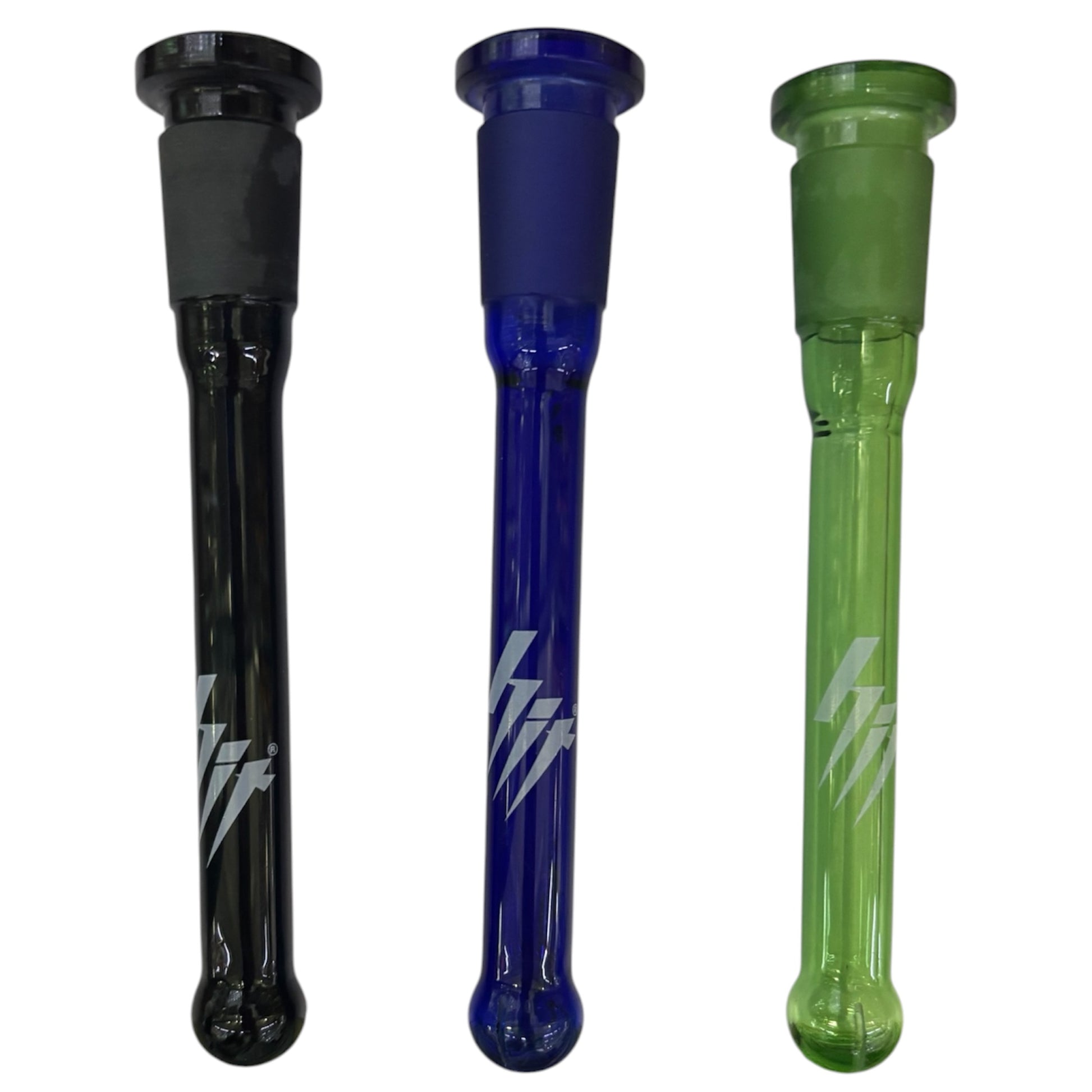 Three glass downstems displayed side by side against a plain background: one black, one cobalt blue, and one translucent green. Each piece features a frosted joint, a closed-end tip, and a diffused slit design near the base, with a white lightning-style logo printed on the stem. - The Wee Smoke Shop