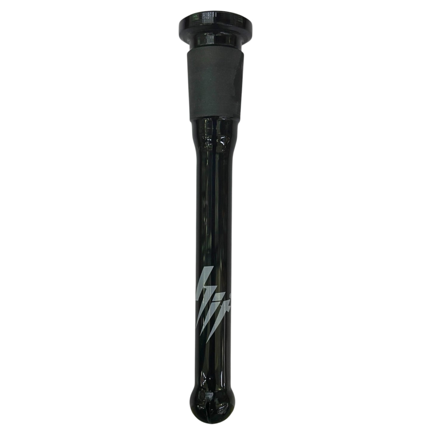 Black glass 14mm downstem with a frosted joint, closed-end tip, and diffused slits at the bottom. Features a white lightning-style logo on the stem. - The Wee Smoke Shop