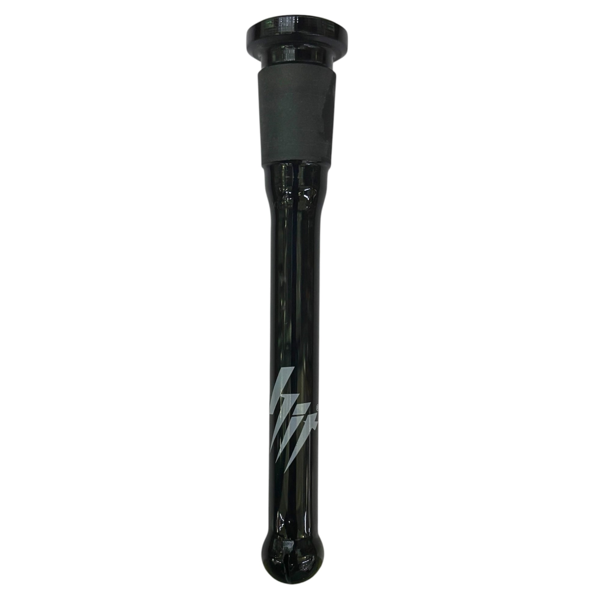 Black glass 14mm downstem with a frosted joint, closed-end tip, and diffused slits at the bottom. Features a white lightning-style logo on the stem. - The Wee Smoke Shop
