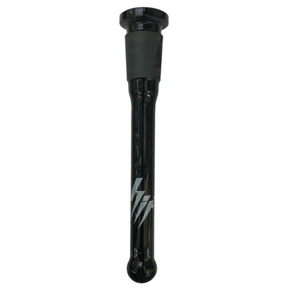 Black glass 14mm downstem with a frosted joint, closed-end tip, and diffused slits at the bottom. Features a white lightning-style logo on the stem. - The Wee Smoke Shop