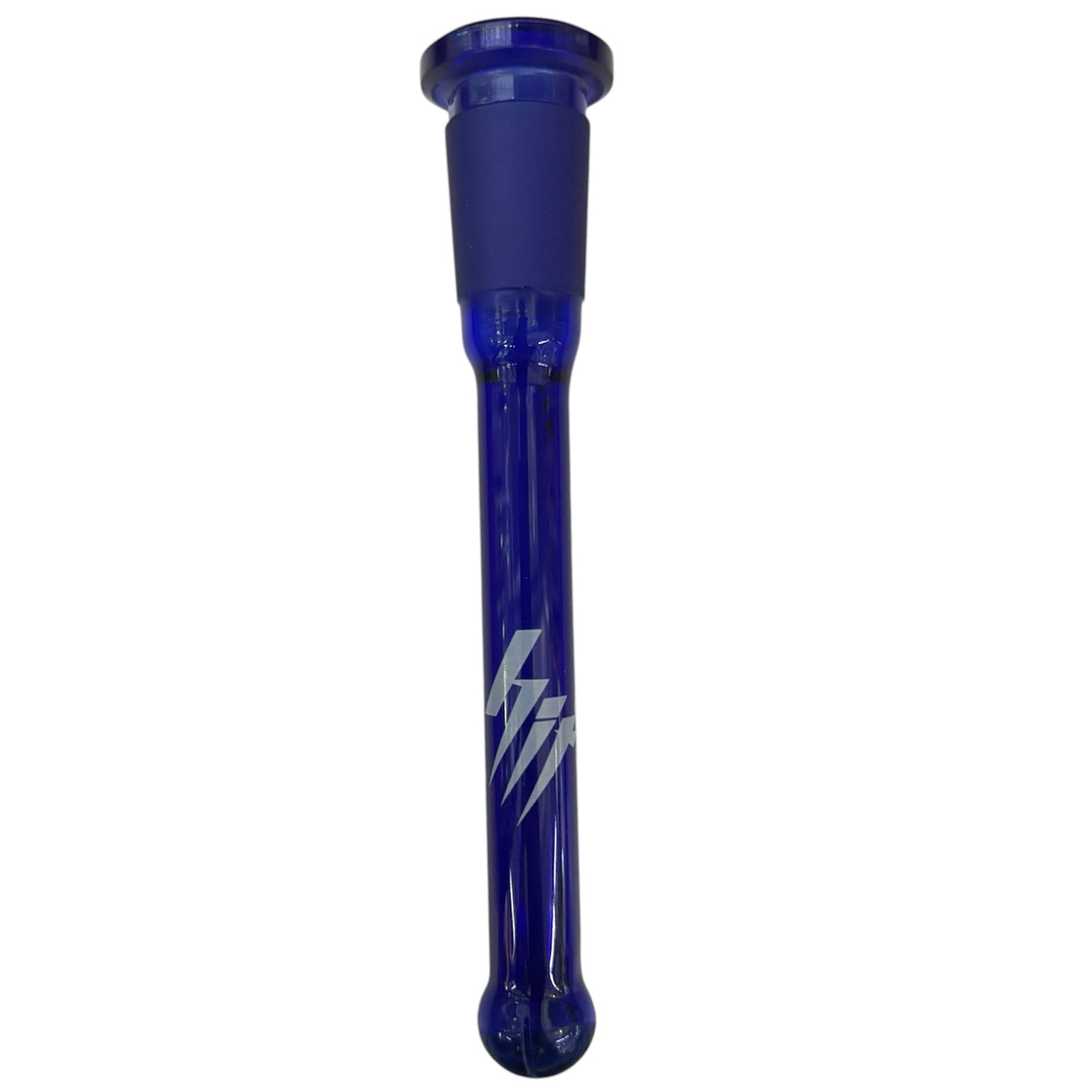 Cobalt blue glass 14mm downstem with a frosted joint, closed-end tip, and diffused slits near the base. Includes a white lightning-style logo on the body. - The Wee Smoke Shop