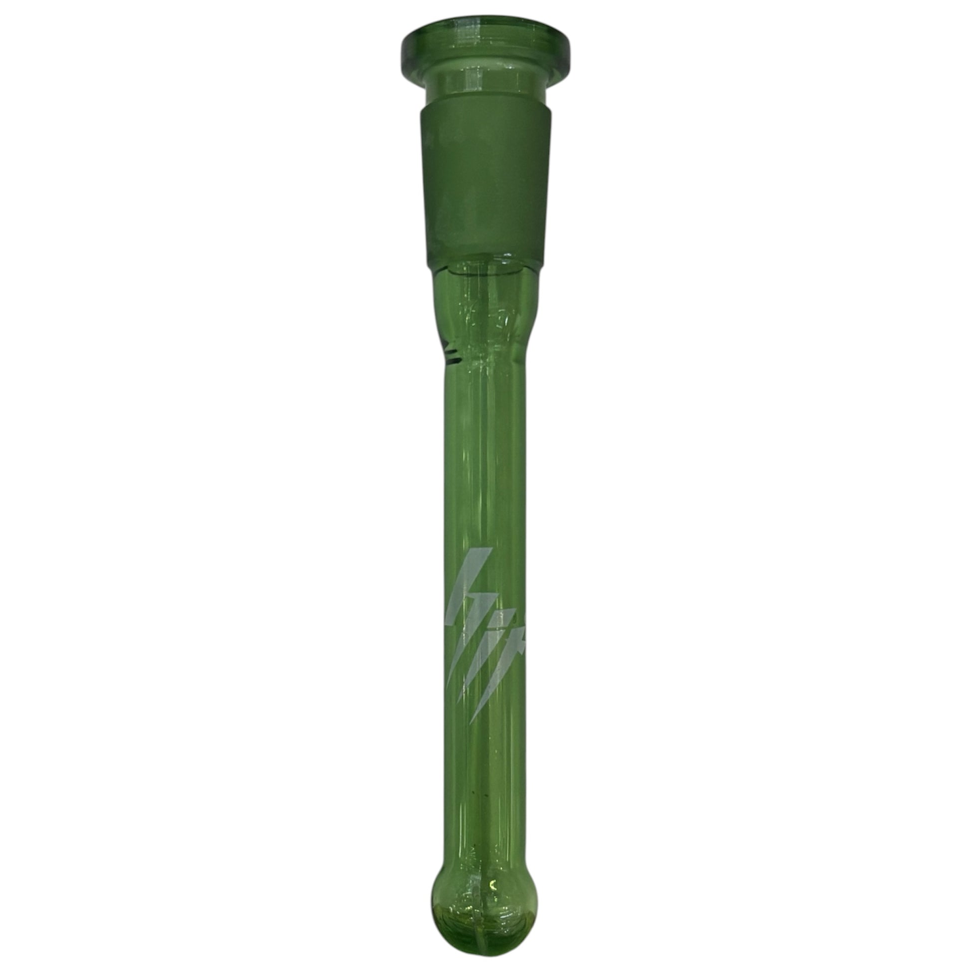 Translucent green glass 14mm downstem with a frosted joint, closed-end tip, and diffused slits at the bottom. Displays a white lightning-style logo on the stem. - The Wee Smoke Shop