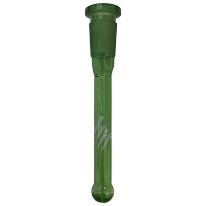 Translucent green glass 14mm downstem with a frosted joint, closed-end tip, and diffused slits at the bottom. Displays a white lightning-style logo on the stem. - The Wee Smoke Shop