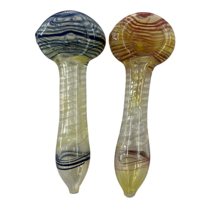 two 4 inch fumed glass hand pipes with blue and amber swirl designs side by side - The Wee Smoke Shop