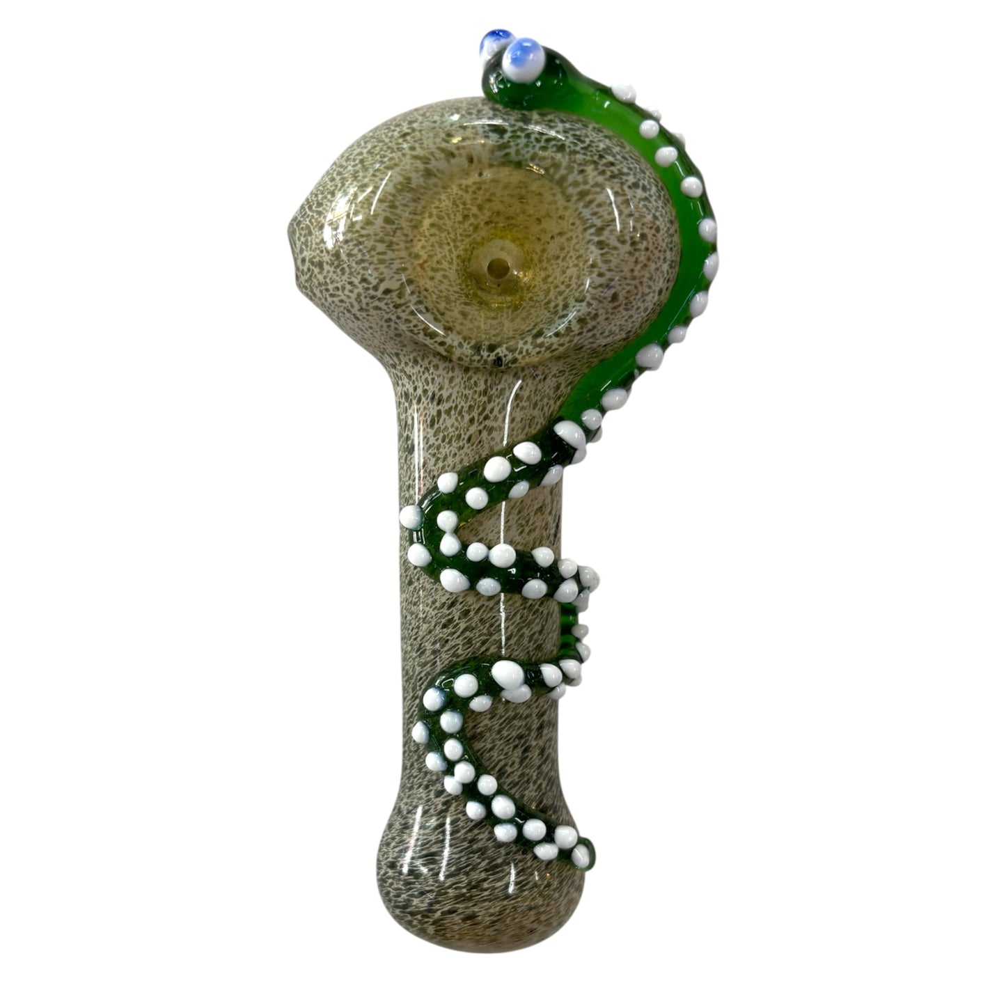 Green 4-inch glass hand pipe with black and white raised snake spiral wrap and bead detailing, side view showing bowl and mouthpiece. - The Wee Smoke Shop