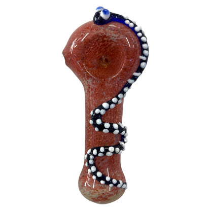 Red 4-inch glass hand pipe with black and white raised snake spiral wrap and bead detailing, side view showing bowl and mouthpiece. - The Wee Smoke Shop