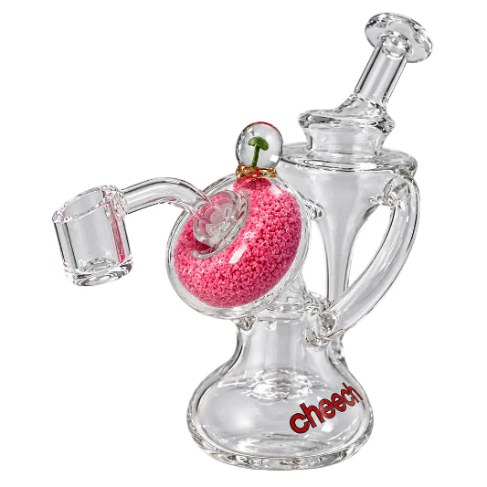 Clear glass smoking accessory with pink material and 'cheech' branding on a white background
