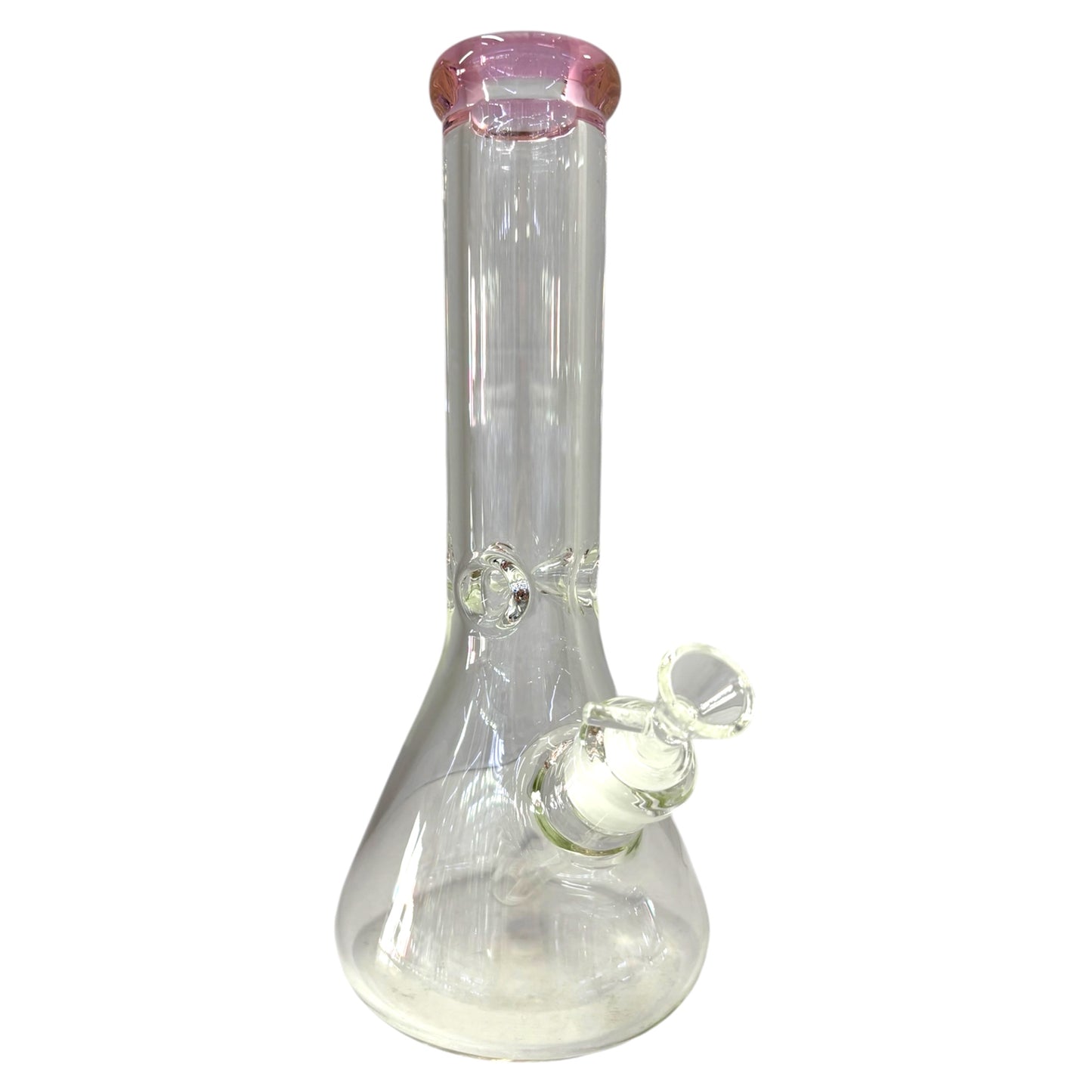 Clear glass water pipe with pink top on a white background - The Wee Smoke Shop