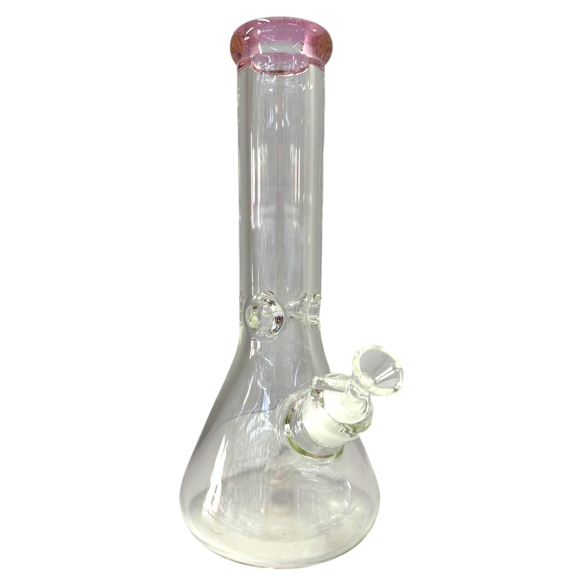 Clear glass water pipe with pink top on a white background - The Wee Smoke Shop