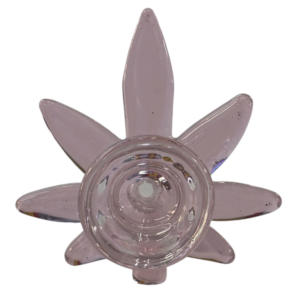 Light pink weed leaf glass herb bowl with pointed cannabis leaf edges, circular centre bowl opening, side handle, and clear joint for a water pipe. The Wee Smoke Shop