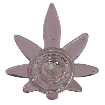 Light pink weed leaf glass herb bowl with pointed cannabis leaf edges, circular centre bowl opening, side handle, and clear joint for a water pipe. The Wee Smoke Shop