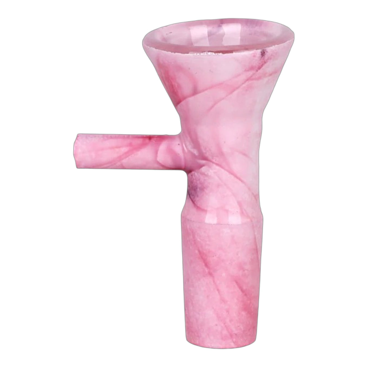 Pink marbled 14mm male herb bowl with a flared bowl opening, matching side handle, and frosted glass finish on a white background. The Wee Smoke Shop