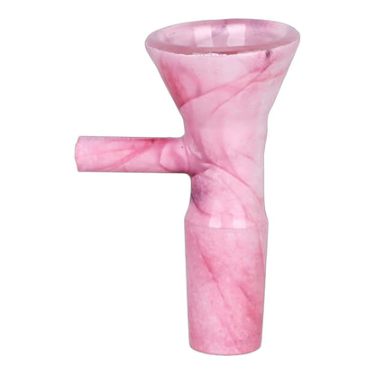Pink marbled 14mm male herb bowl with a flared bowl opening, matching side handle, and frosted glass finish on a white background. The Wee Smoke Shop