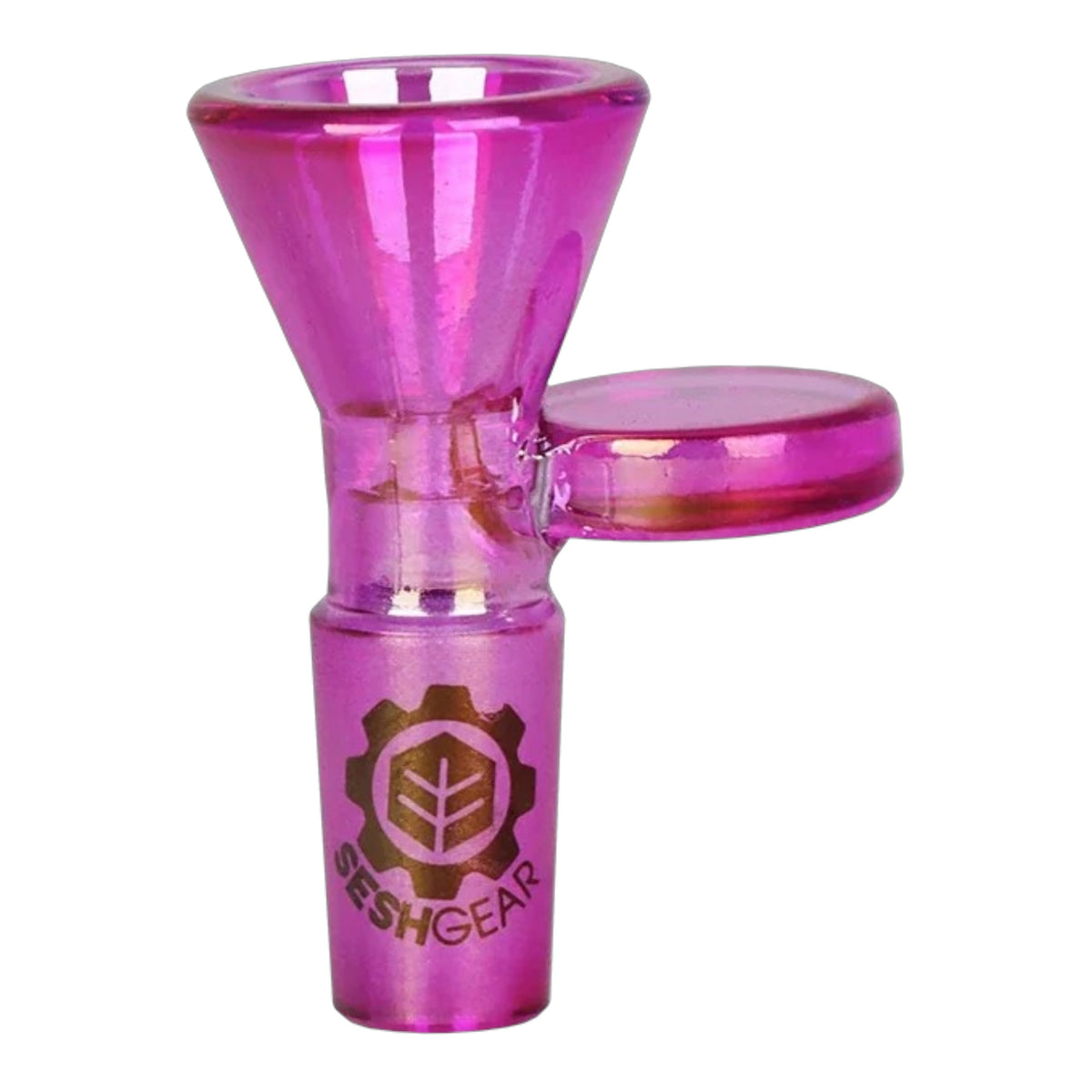 Pink chromatic SeshGear 14mm male funnel bowl with a round tab handle, flared bowl shape, and SeshGear logo on the joint. - The Wee Smoke Shop