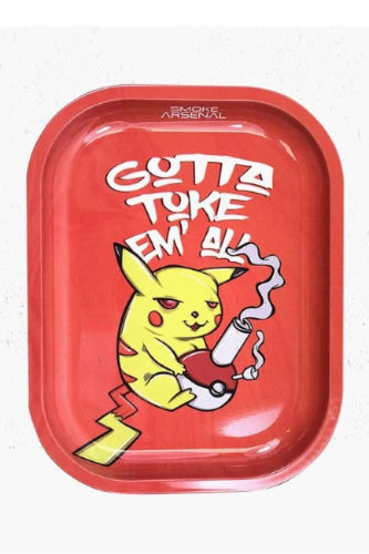 Pokemon Gotta Toke Em' All Mini Rolling Tray displaying pikachu ripping the pokebong with his new catchphrase gotta toke em all on white background