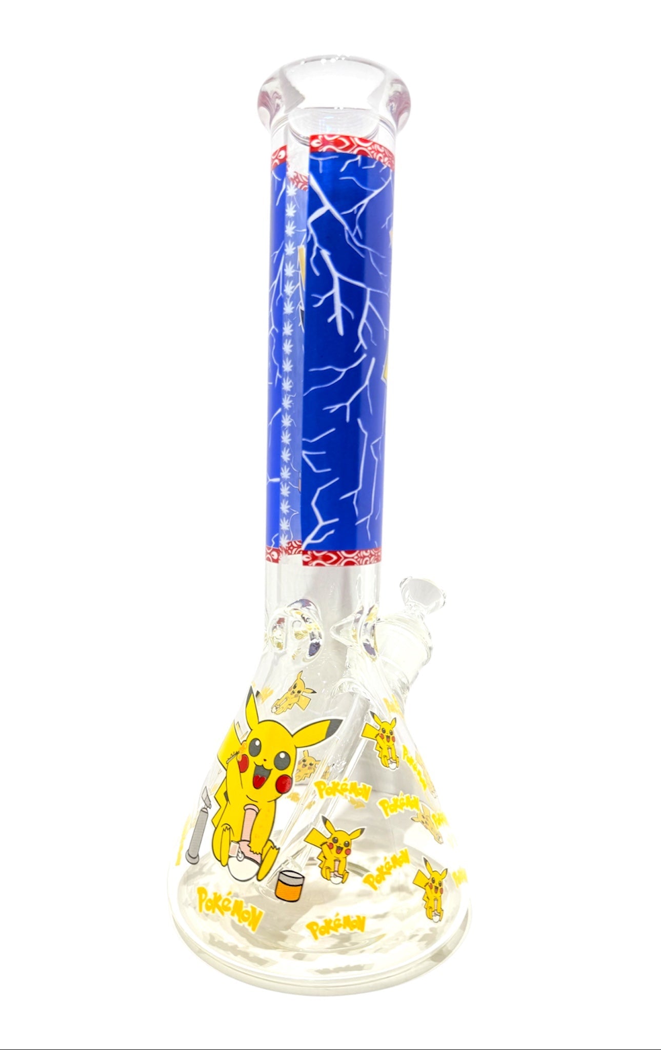 Glass water pipe with Pikachu design on a white background