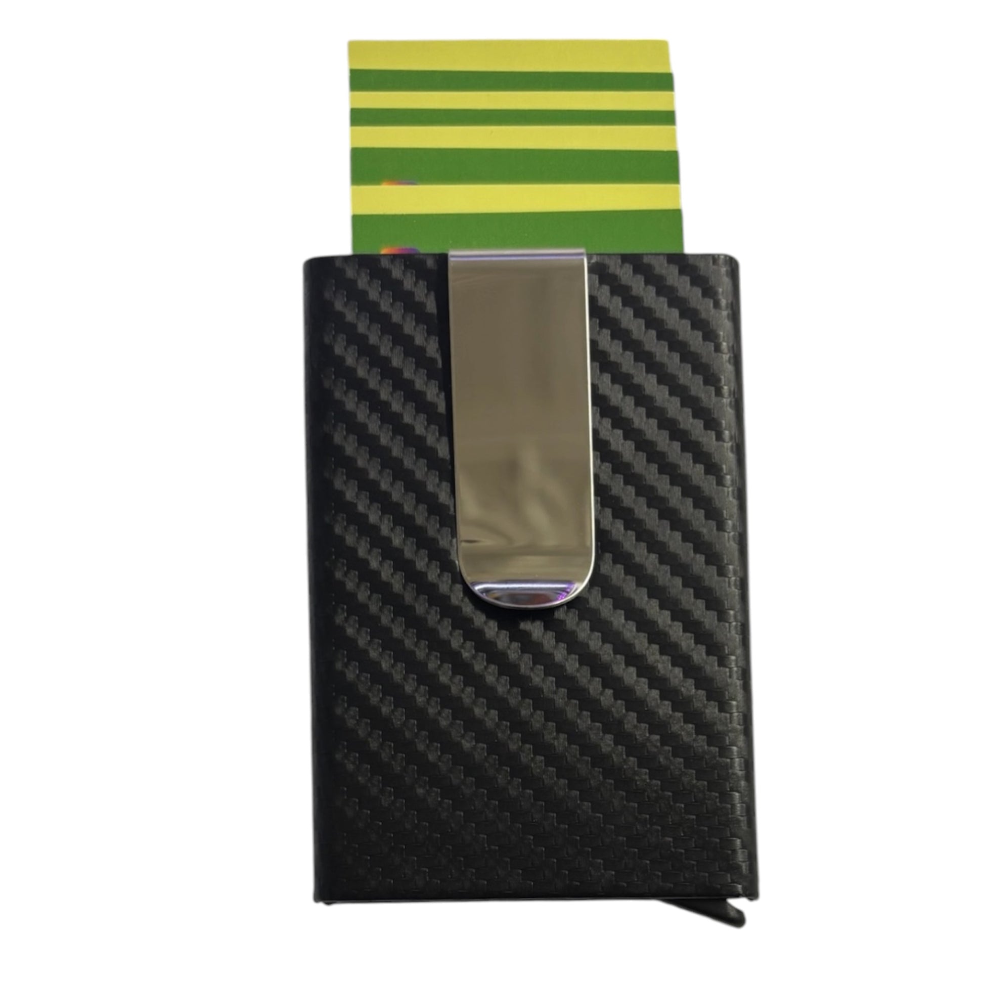 A black carbon fiber wallet with a metallic silver clip, shown with a green and yellow striped card partially inserted, on a plain white background. The Wee Smoke Shop