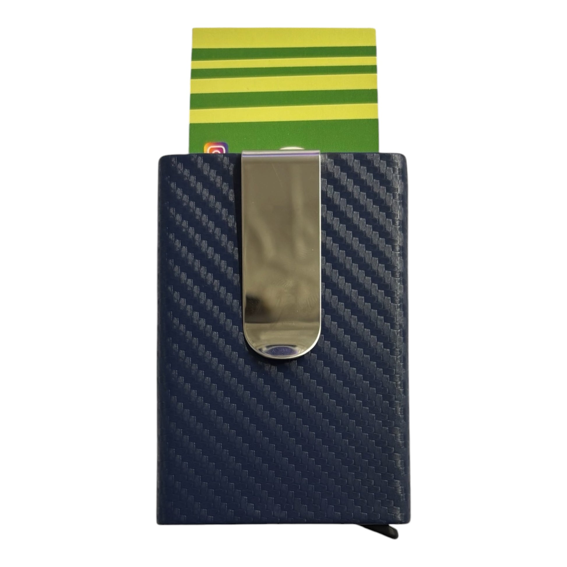 A slim vertical cardholder wallet with a navy blue carbon fiber pattern and a silver metal clip, shown with a green and yellow striped card partially inserted, on a white background. The Wee Smoke Shop