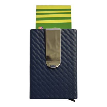 A slim vertical cardholder wallet with a navy blue carbon fiber pattern and a silver metal clip, shown with a green and yellow striped card partially inserted, on a white background. The Wee Smoke Shop
